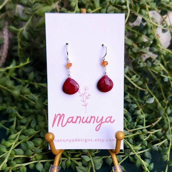 Ruby Dangle Earrings - Semi-Precious Ruby, Labradorite & Carnelian - Picture 6 of 10